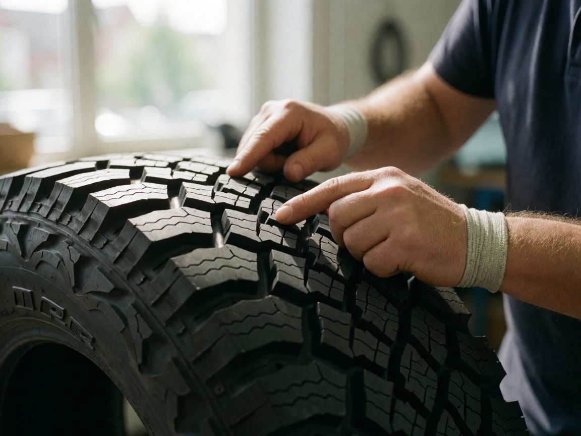 Close-up of hands checking the tread of an off-road tire in a workshop with natural light