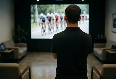 Cycling coach observes a peloton on a large screen in a modern training room with comfortable chairs and polished concrete floor