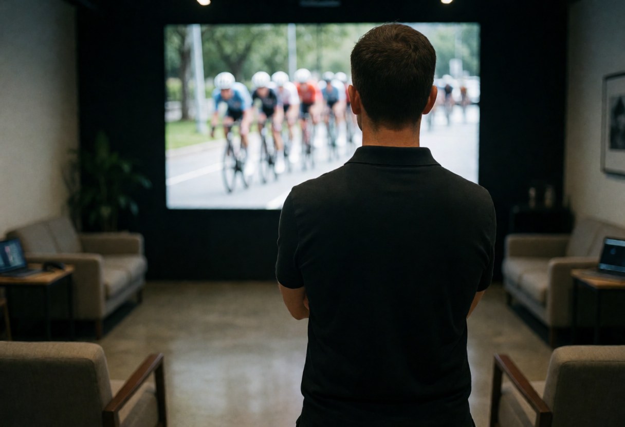 Cycling coach observes a peloton on a large screen in a modern training room with comfortable chairs and polished concrete floor
