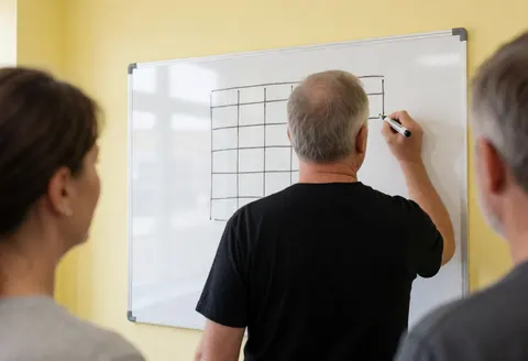 Boxing instructor writing training combinations on a whiteboard while a group of people observe the plan