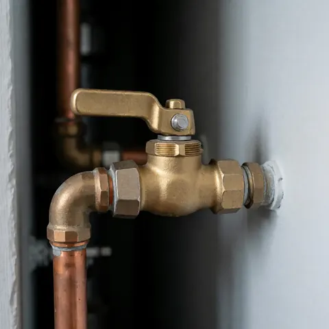 Open handle bronze valve connected to copper pipe on gray wall for boiler repair