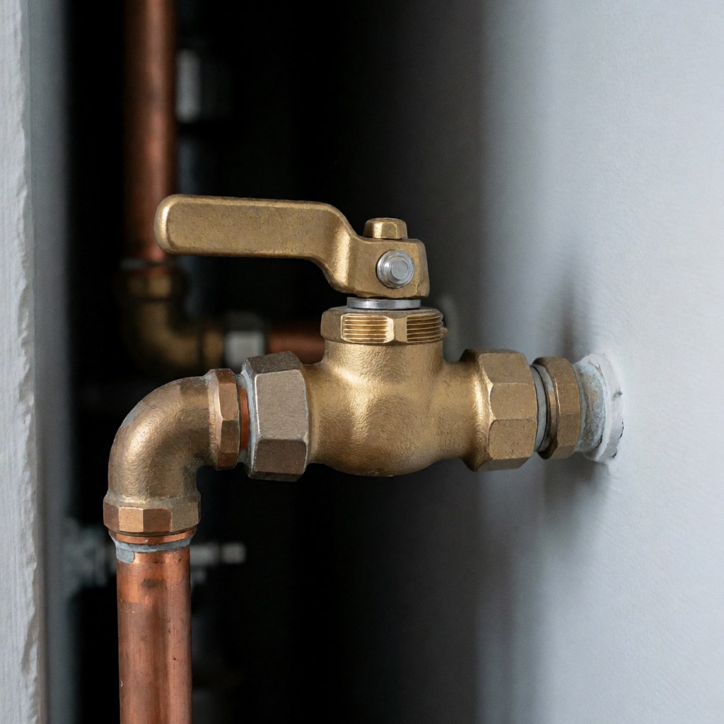 Open handle bronze valve connected to copper pipe on gray wall for boiler repair