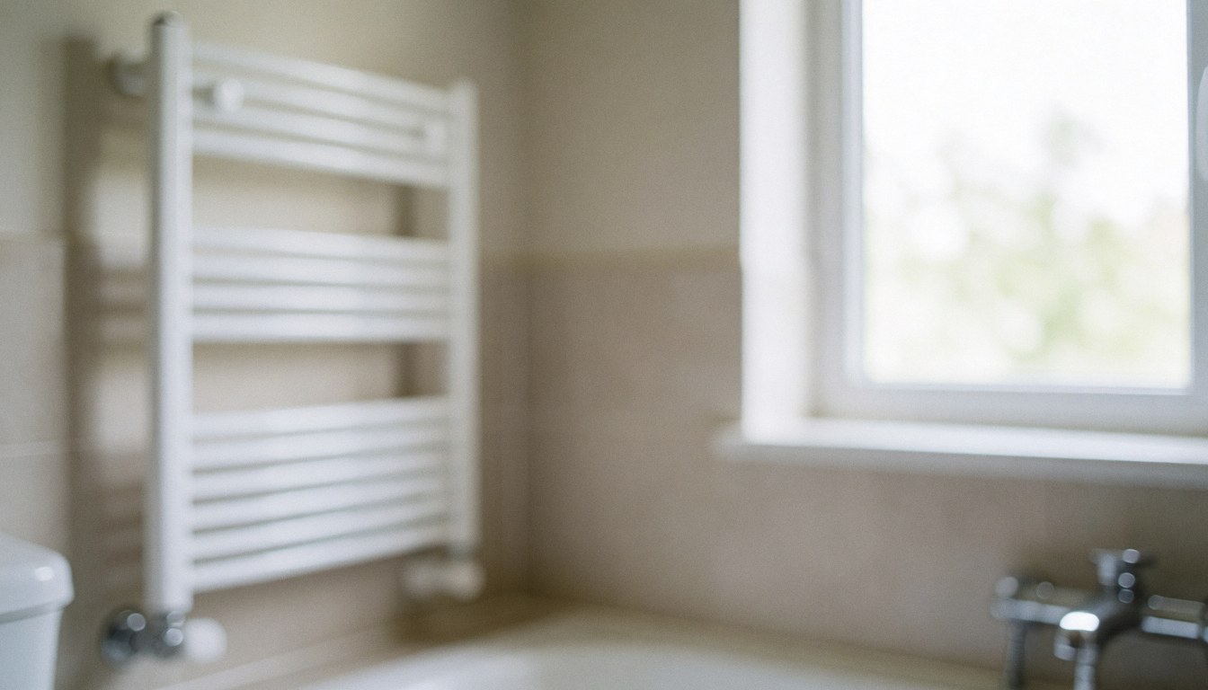 Clean bathroom background featuring a white towel rack, neutral walls, and natural light from a window, suitable for professional cleaning services.