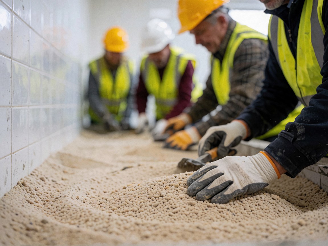 Close-up of gloved hands working with mortar sand near a white tiled wall with a trowel visible