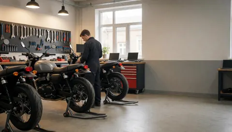 Mechanic repairing a motorcycle in a workshop with tools on a board and natural light from a window
