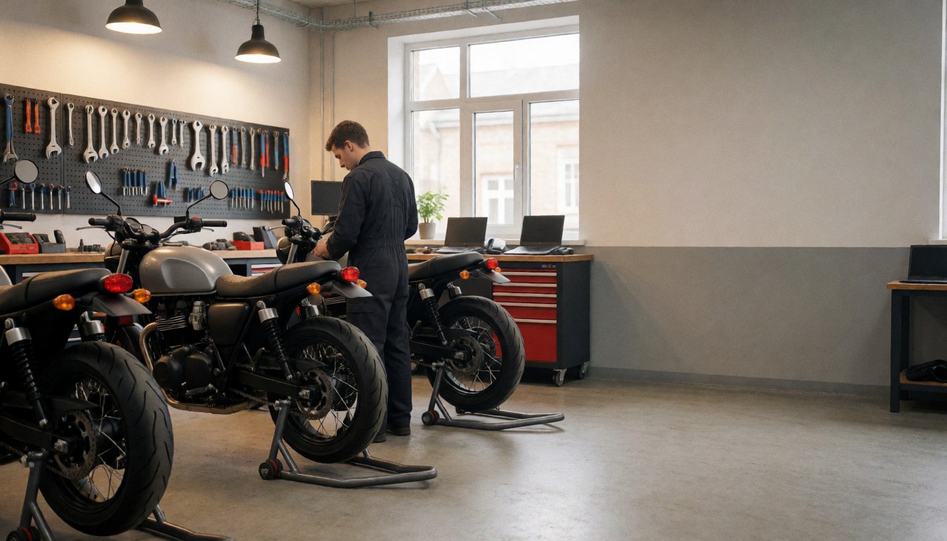 Mechanic repairing a motorcycle in a workshop with tools on a board and natural light from a window