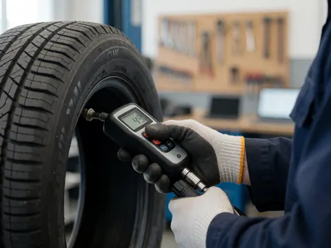 Close-up of a gloved hand using a digital tire pressure gauge to check the air pressure of a vehicle tire in a repair shop setting