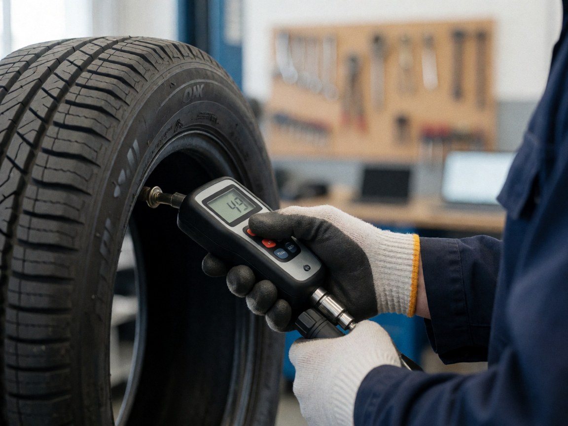 Close-up of a gloved hand using a digital tire pressure gauge to check the air pressure of a vehicle tire in a repair shop setting