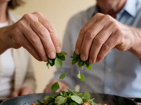 Close-up of hands sprinkling fresh herbs onto a hot plate with visible steam rising against a beige background