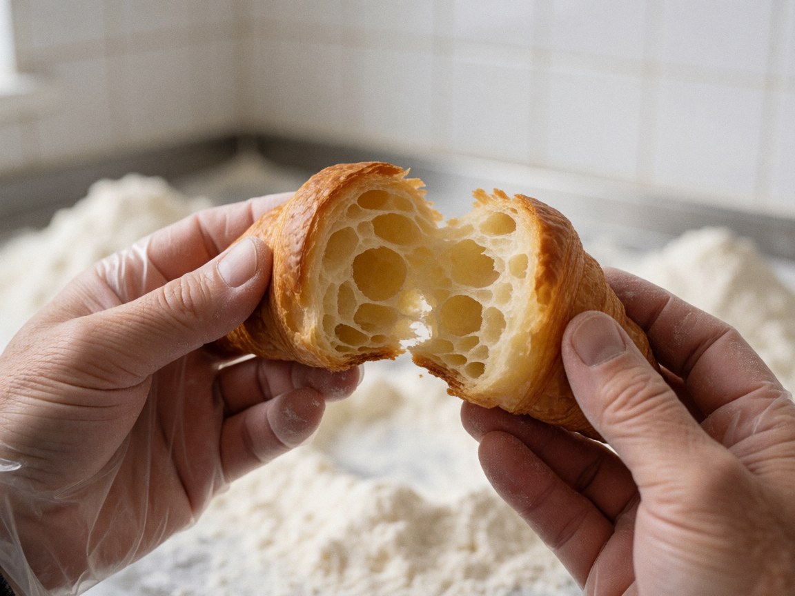 Hands wearing plastic gloves tear open a fluffy croissant over a flour-dusted surface with white tiles in a bakery setting.