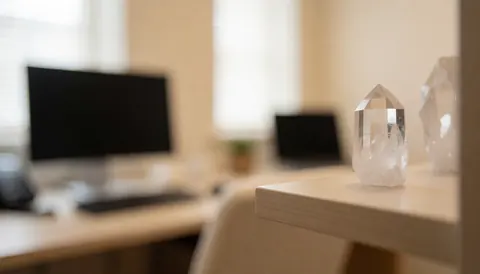 A clear quartz crystal resting on a wooden shelf in a softly lit room, creating a calm and relaxing atmosphere suitable for wellness spaces.