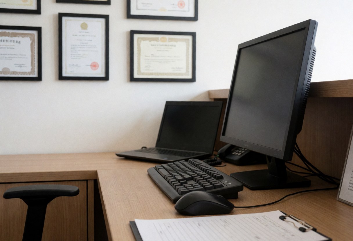 Wooden desk with computer, keyboard, mouse, and framed swimming coaching certificates on the wall in a clean professional office setting
