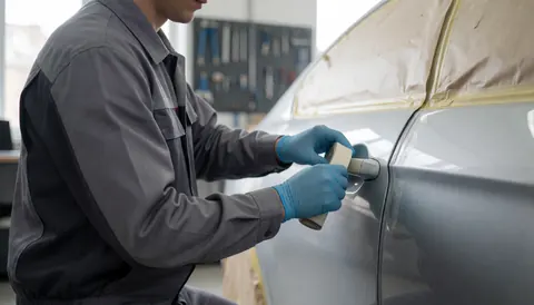 Worker applying masking tape to a silver car door in an auto body shop with tools on the wall