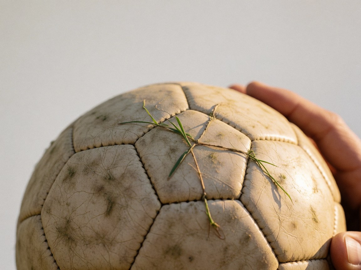 Close-up of a soccer ball with grass in the seams, held by a hand against a white wall with warm lighting, showing a detail for soccer coaches.