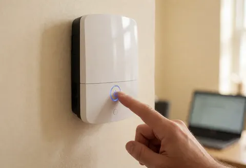A hand presses the power button on a white modem mounted on a cream-colored wall in a vacation home with warm lighting.