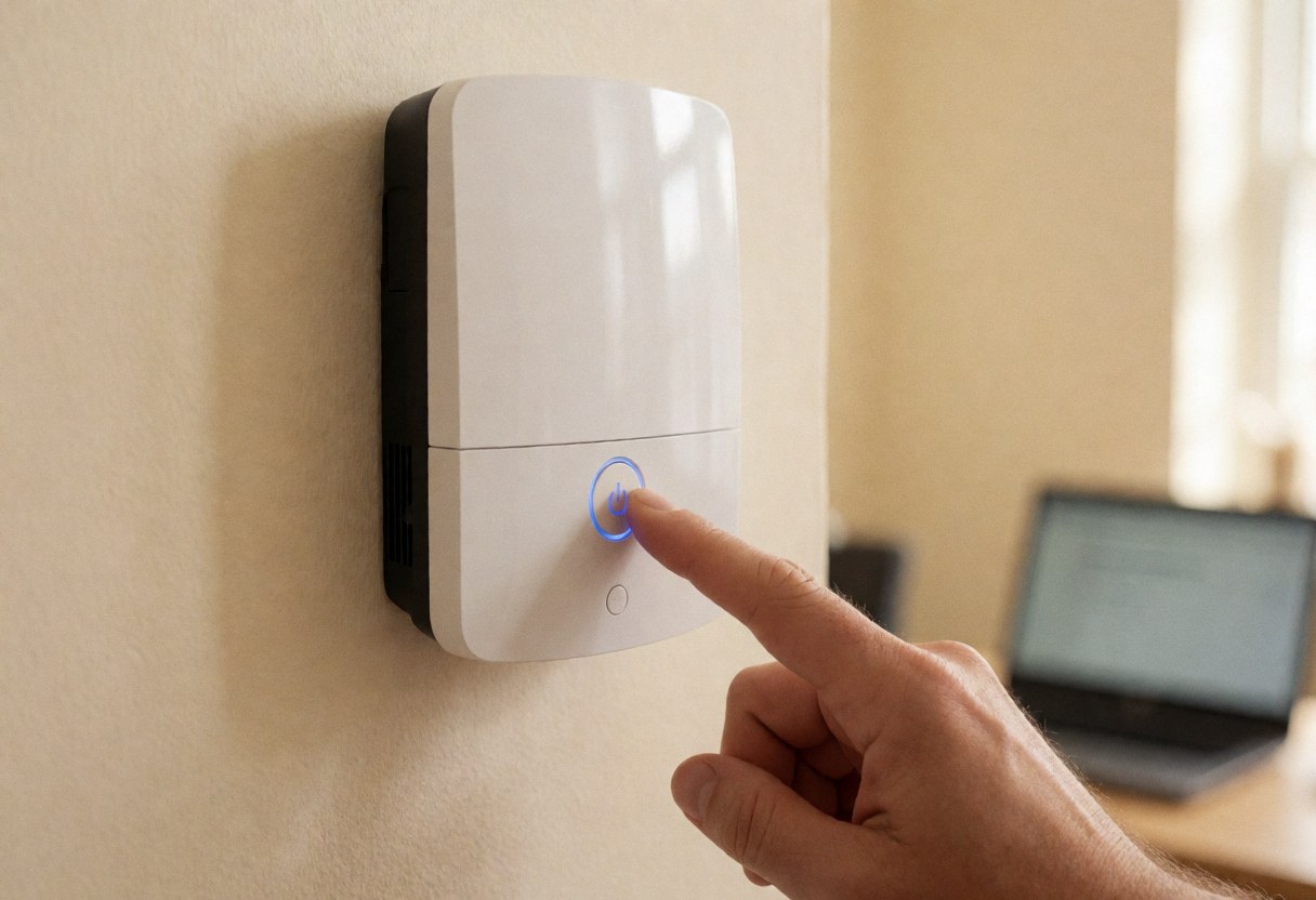 A hand presses the power button on a white modem mounted on a cream-colored wall in a vacation home with warm lighting.