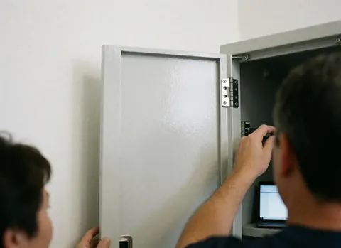 Detailed view of a public locker door featuring bright metal hinges and clean white paint, with a laptop visible inside.