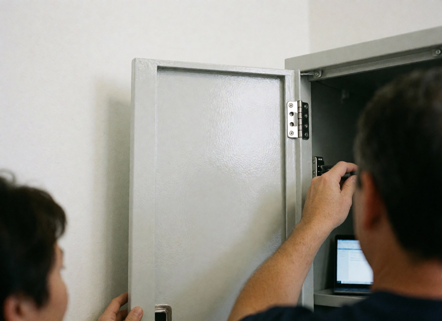 Detailed view of a public locker door featuring bright metal hinges and clean white paint, with a laptop visible inside.