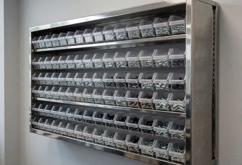 Metal shelving unit with organized compartments for electronic components in an electronics repair workshop with gray walls