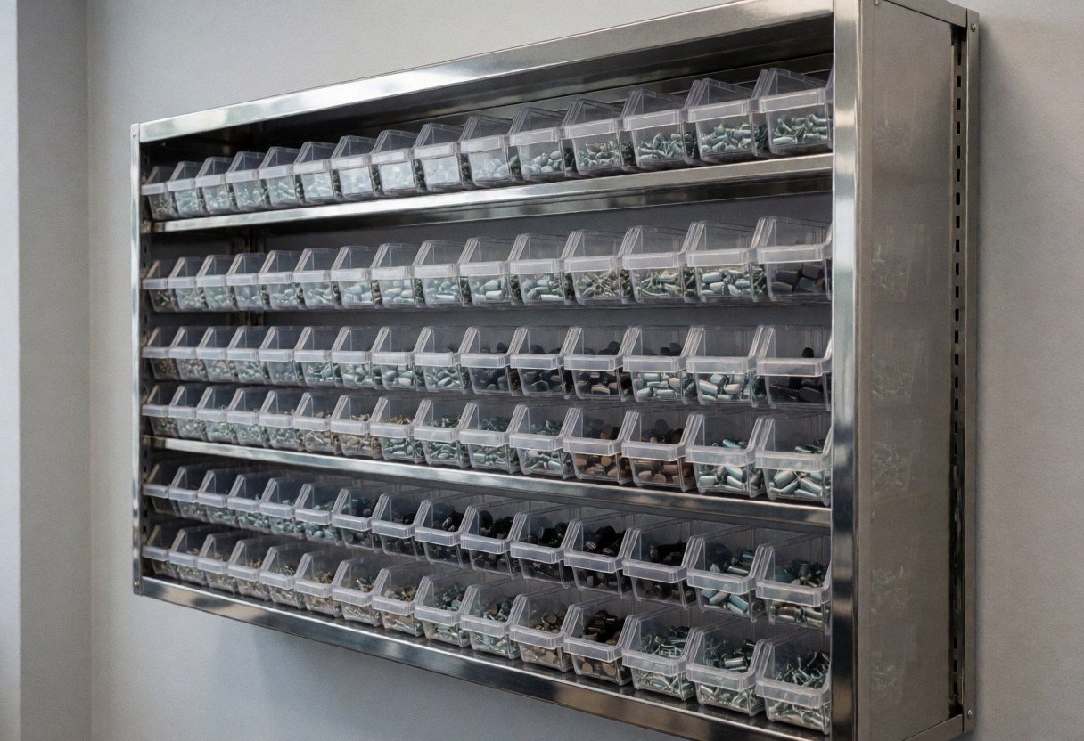 Metal shelving unit with organized compartments for electronic components in an electronics repair workshop with gray walls