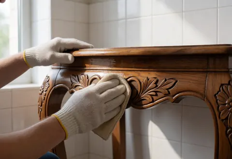Gloved hands applying varnish to a carved wooden table with floral motifs in a workshop with white tiled walls and natural light