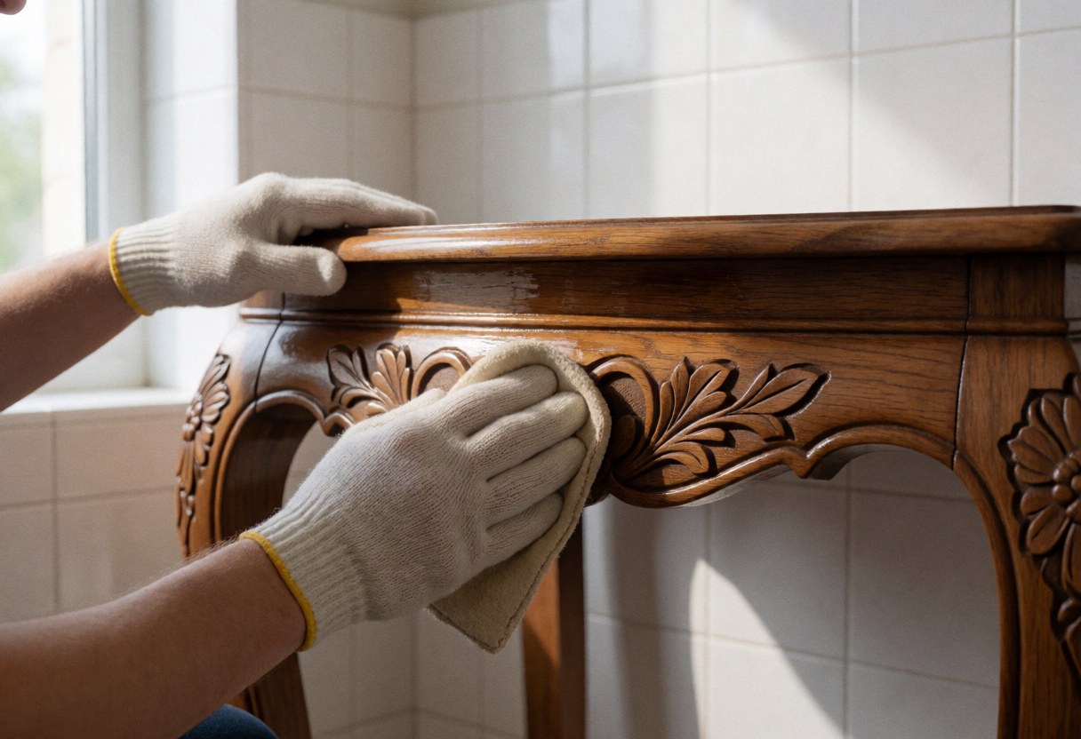 Gloved hands applying varnish to a carved wooden table with floral motifs in a workshop with white tiled walls and natural light