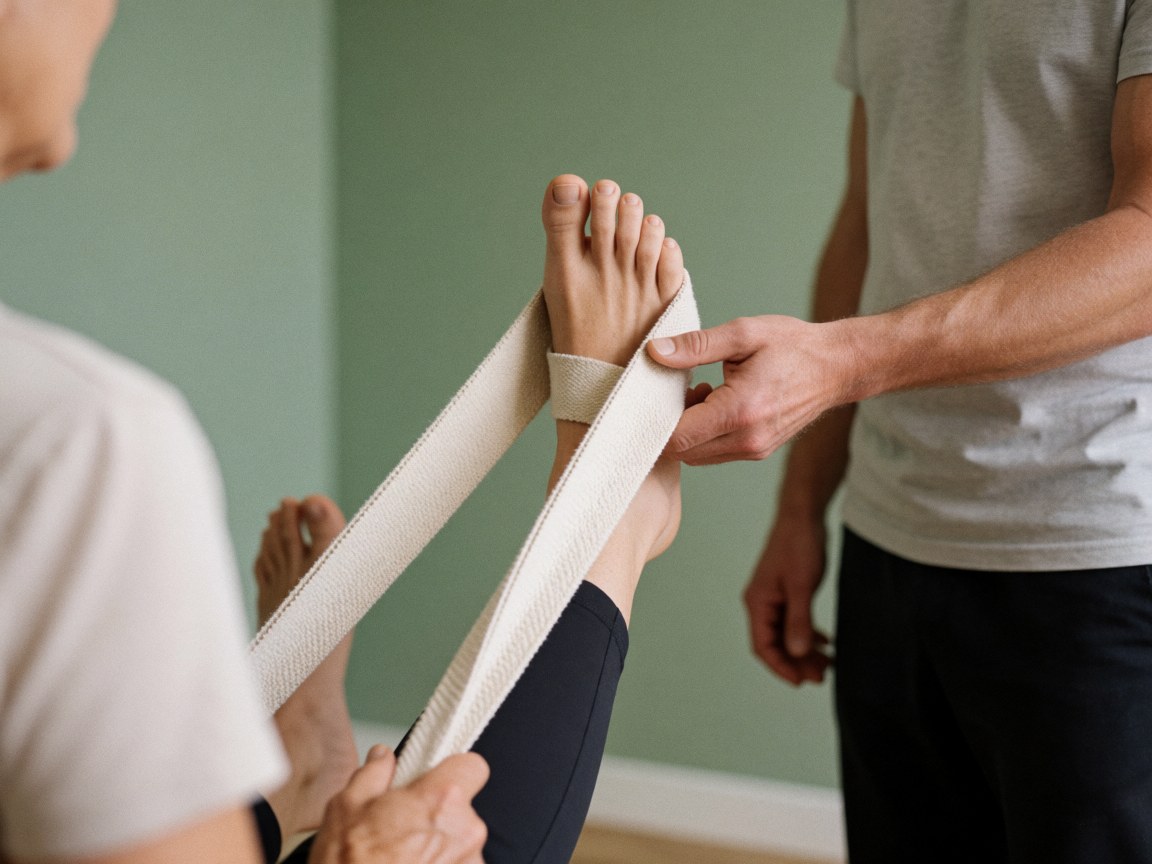 Close-up of a yoga instructor's hand adjusting a yoga strap around a student's foot during a class with pale green walls.