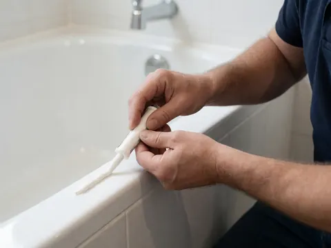 Close-up of a hand applying white caulk to the seam of a white bathtub during a plumbing repair service in a modern bathroom.