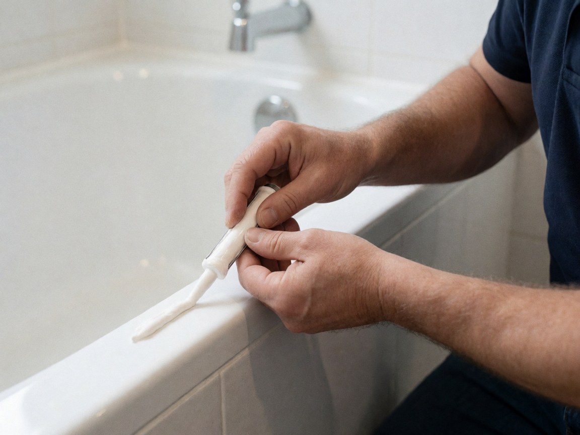Close-up of a hand applying white caulk to the seam of a white bathtub during a plumbing repair service in a modern bathroom.