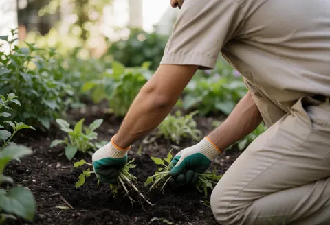 Gardener kneeling to pull weeds from dark soil among young plants in a garden