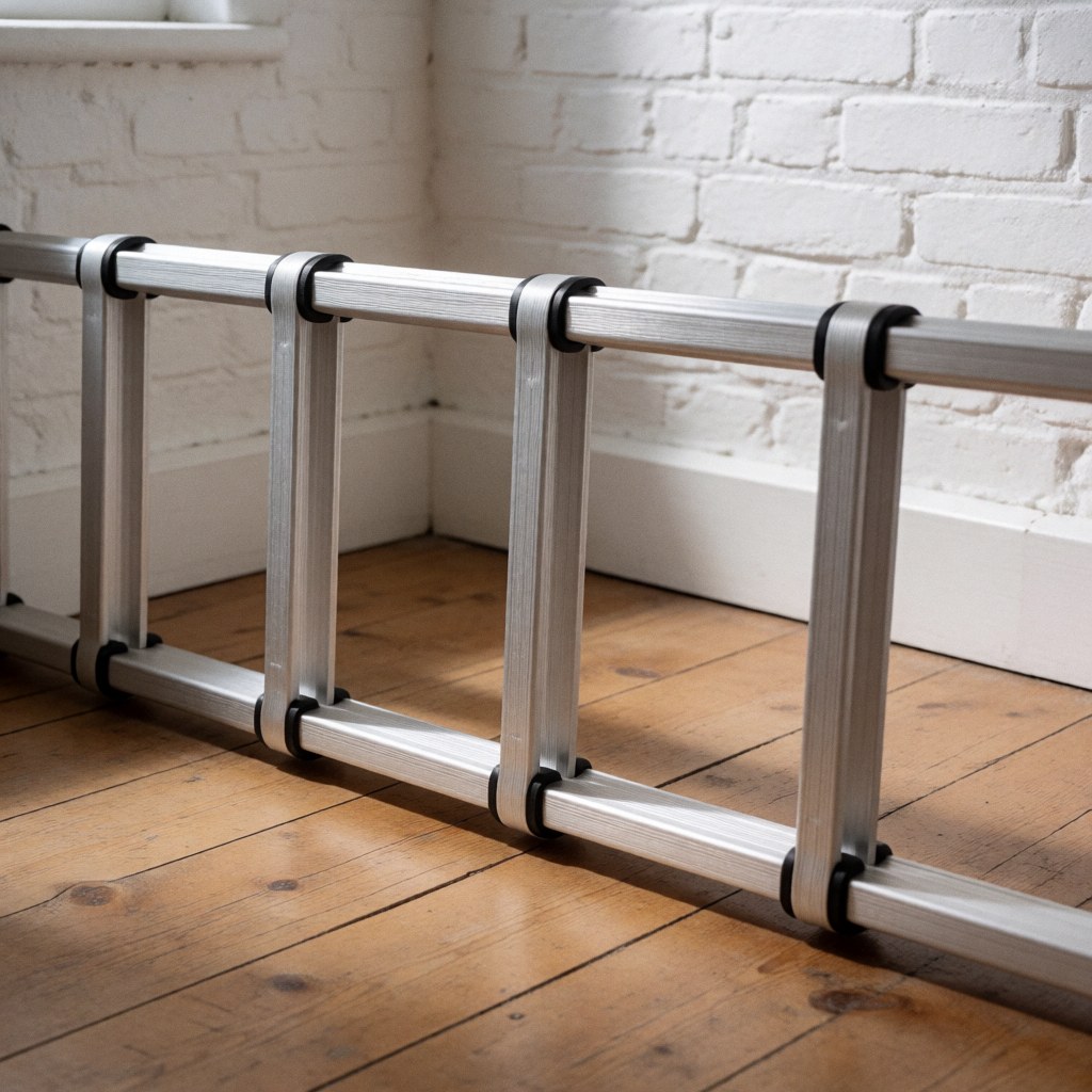 Karate agility ladder placed on a wooden floor with a white brick wall background, metallic details, and defined shadows