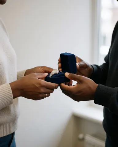 Close-up of hands holding a blue watch box with a repaired watch inside, set against a white background with natural lighting