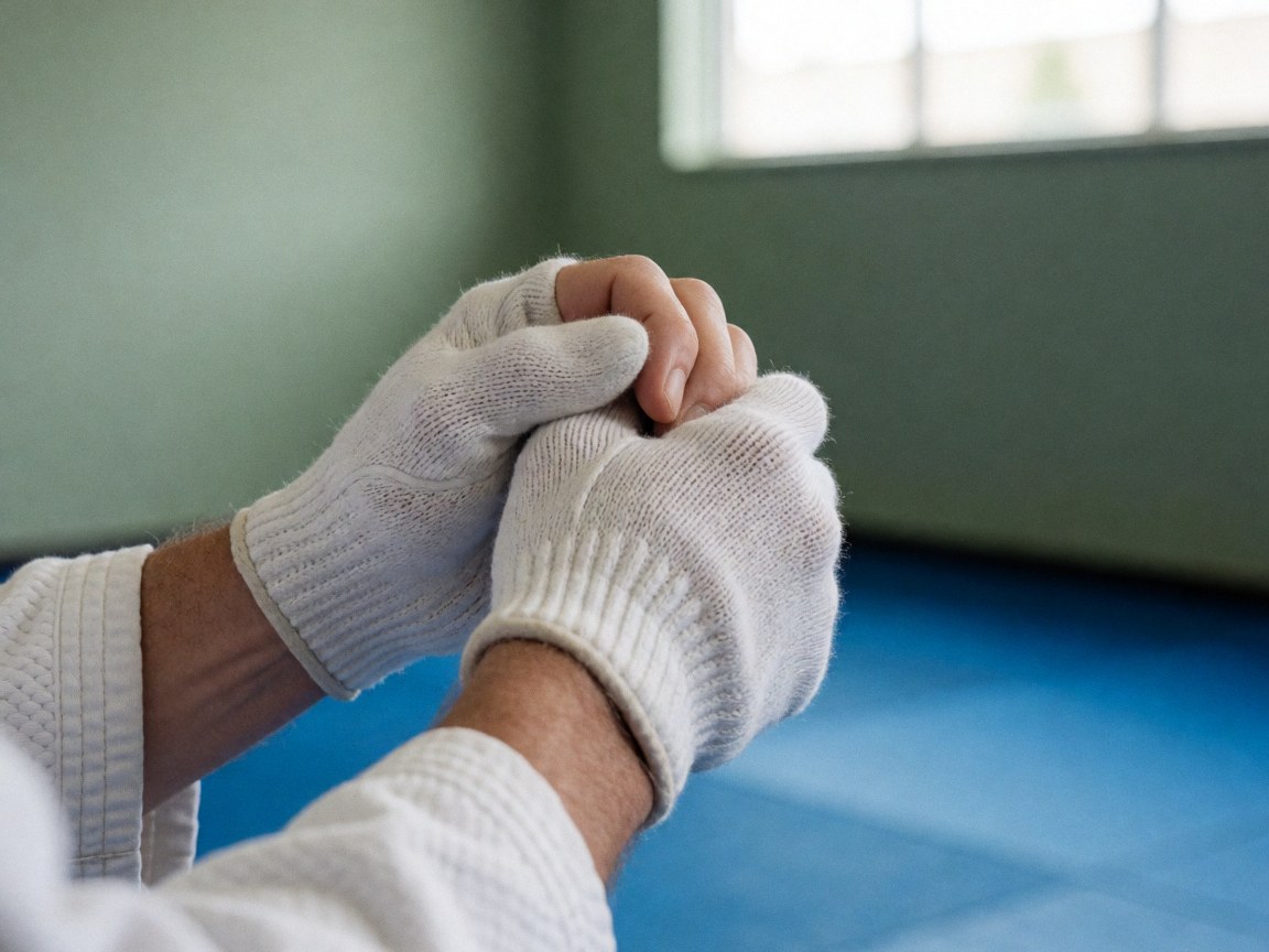 Close-up of hands in white gloves gripping a mouthguard on blue training mats in a dojo with green walls and natural light