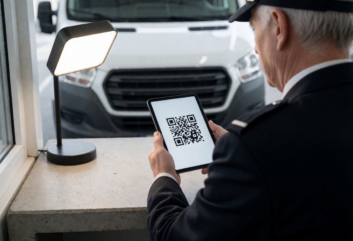 Security guard scanning a QR code on a tablet in front of a white truck at a checkpoint under artificial light