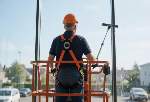 Worker on scaffolding using a squeegee and polisher to clean a glass building facade under a clear sky