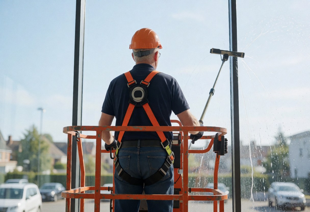 Worker on scaffolding using a squeegee and polisher to clean a glass building facade under a clear sky