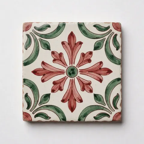 Close-up of a hand-painted ceramic tile featuring a red floral pattern on a white background, suitable for artisan tile business products.