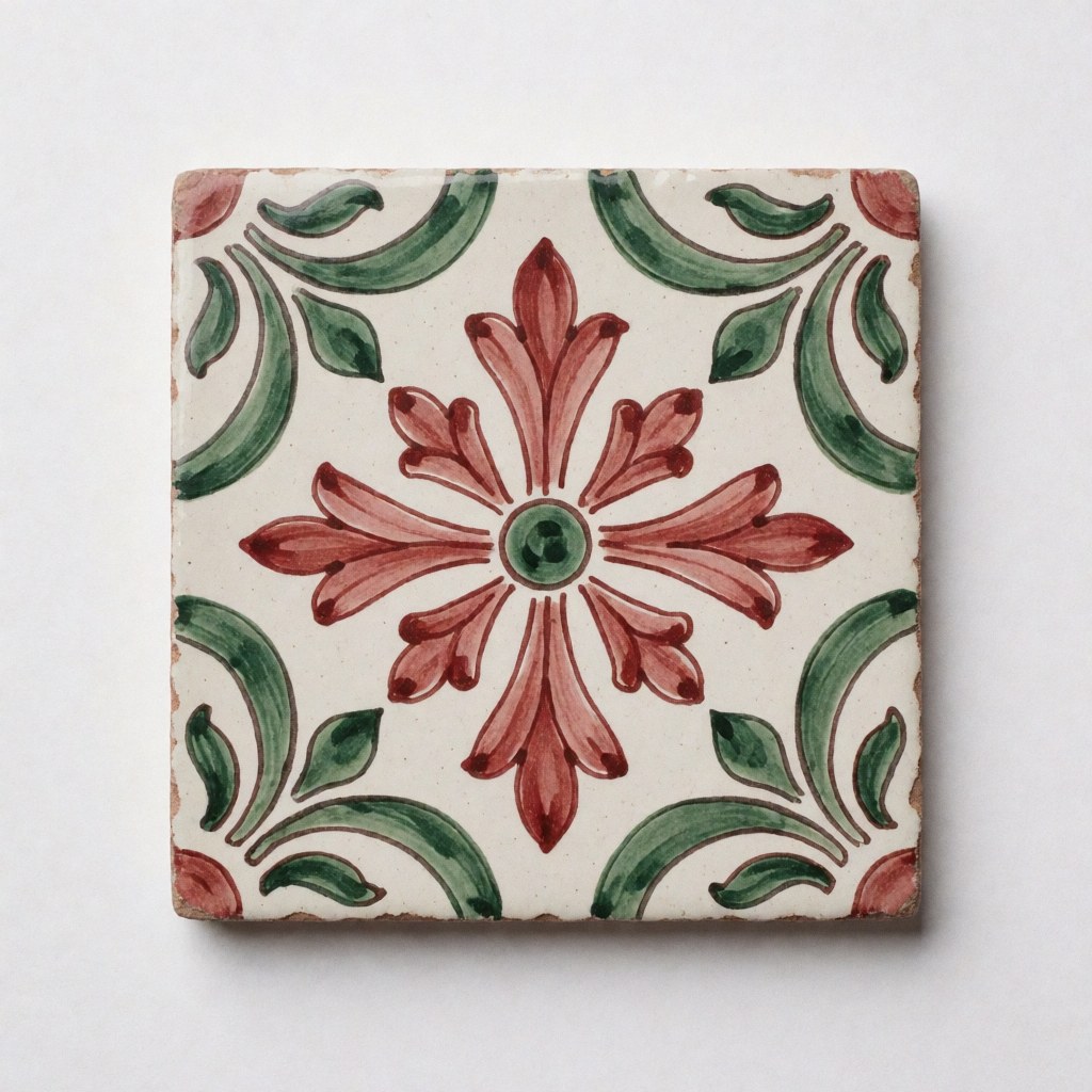 Close-up of a hand-painted ceramic tile featuring a red floral pattern on a white background, suitable for artisan tile business products.