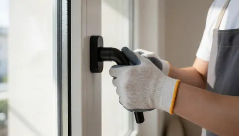 Close-up of a gloved hand adjusting a black window handle on a white frame during installation