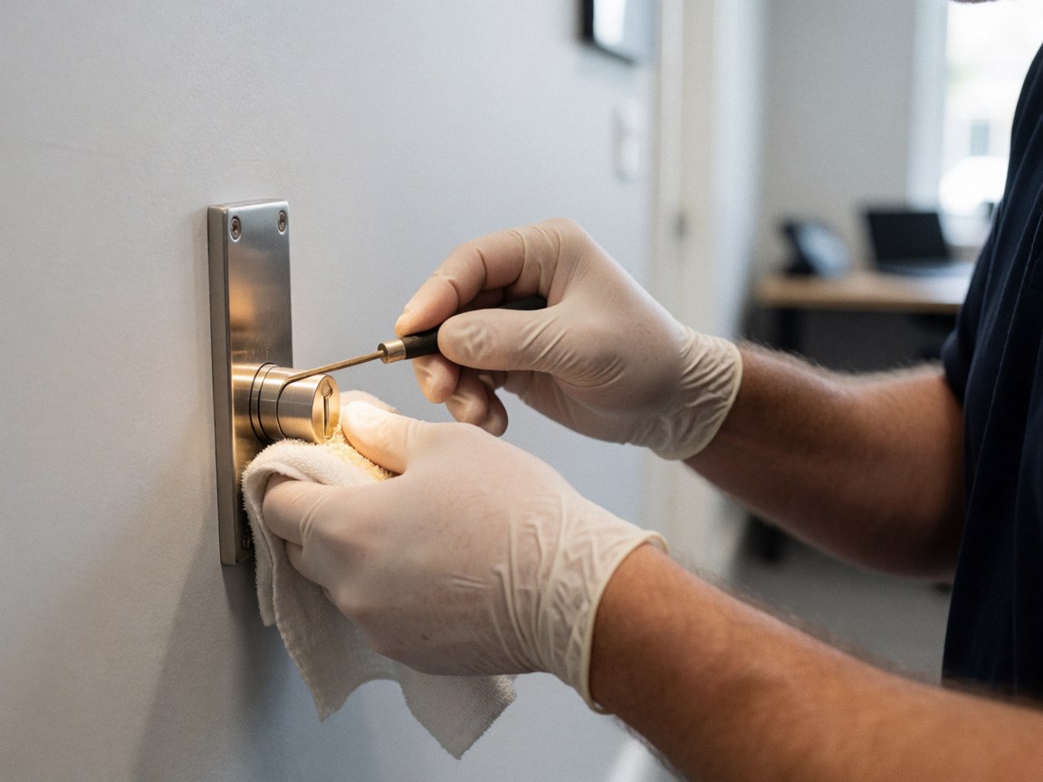Close-up of gloved hands using a precision tool on a metal lock against a light gray wall