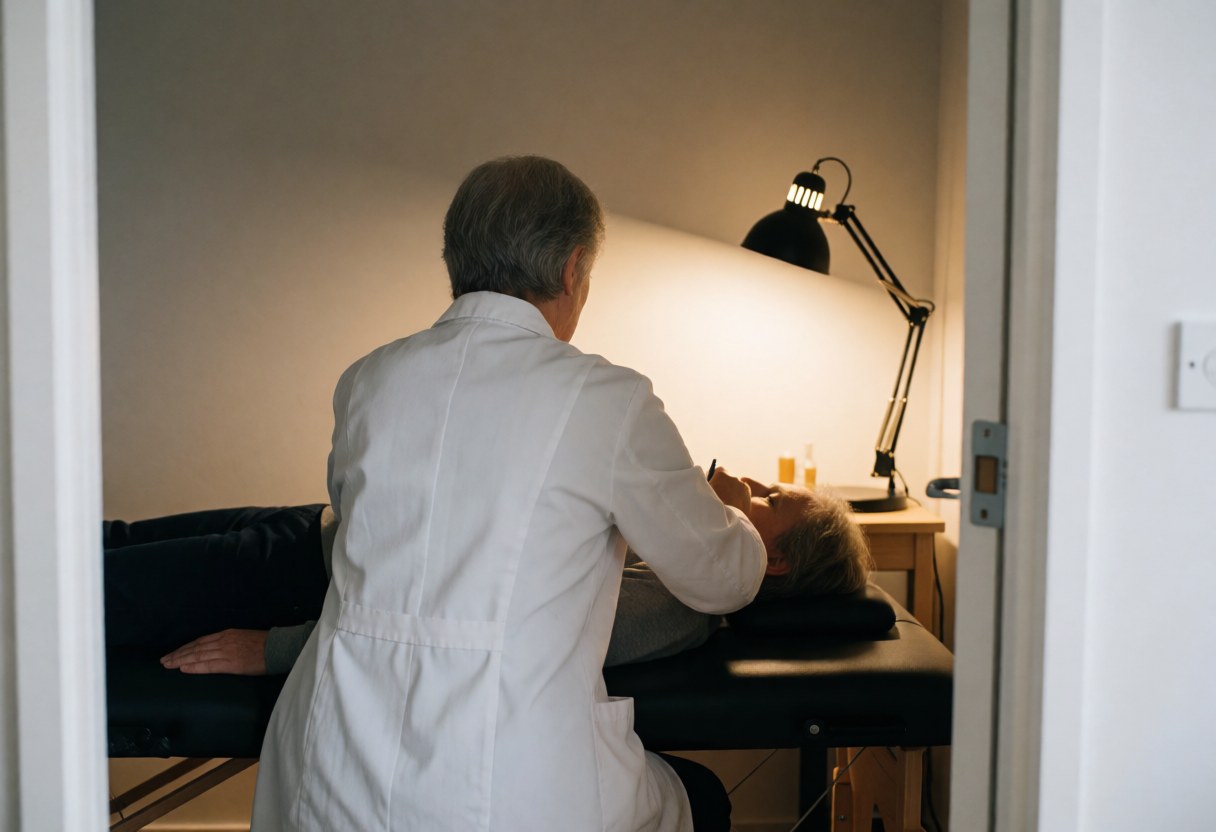 A therapist in a white coat massages a client's neck on a black table, illuminated by a desk lamp in a clinic.