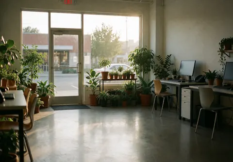 Florist storefront entrance featuring potted plants, polished floors, and work tables with monitors illuminated by sunset light.