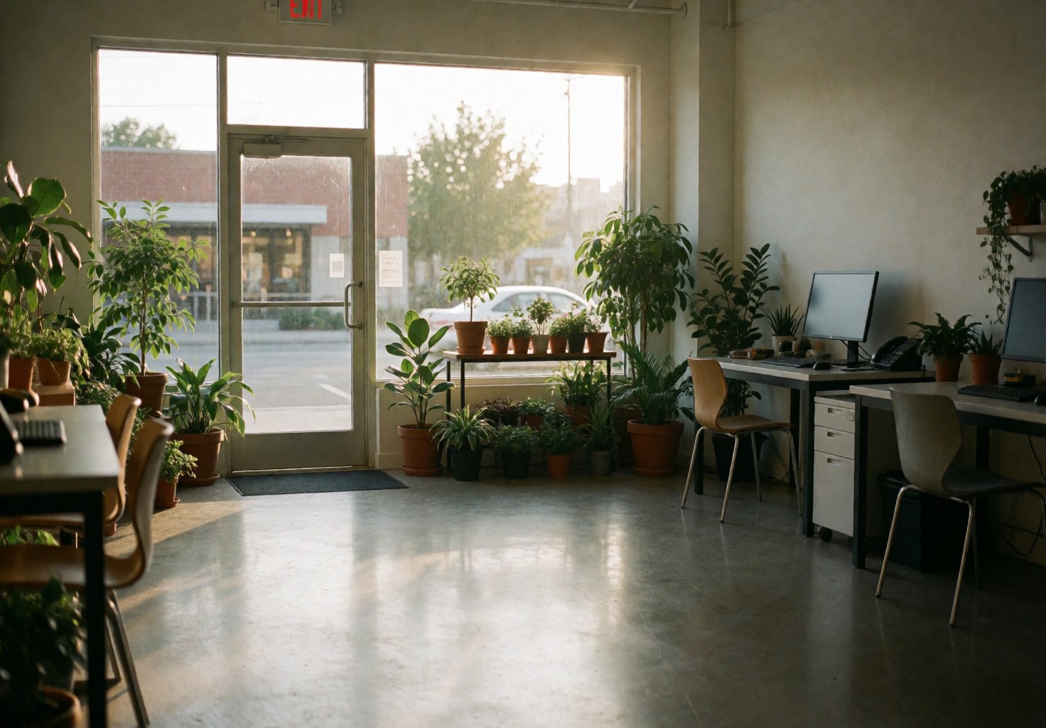 Florist storefront entrance featuring potted plants, polished floors, and work tables with monitors illuminated by sunset light.