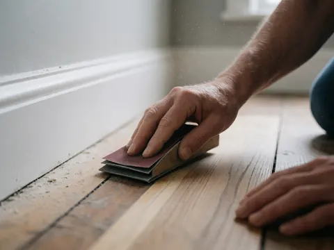 Close-up of a hand sanding a wooden floor, with dust in the air and a painted wall in the background, showing carpentry details.