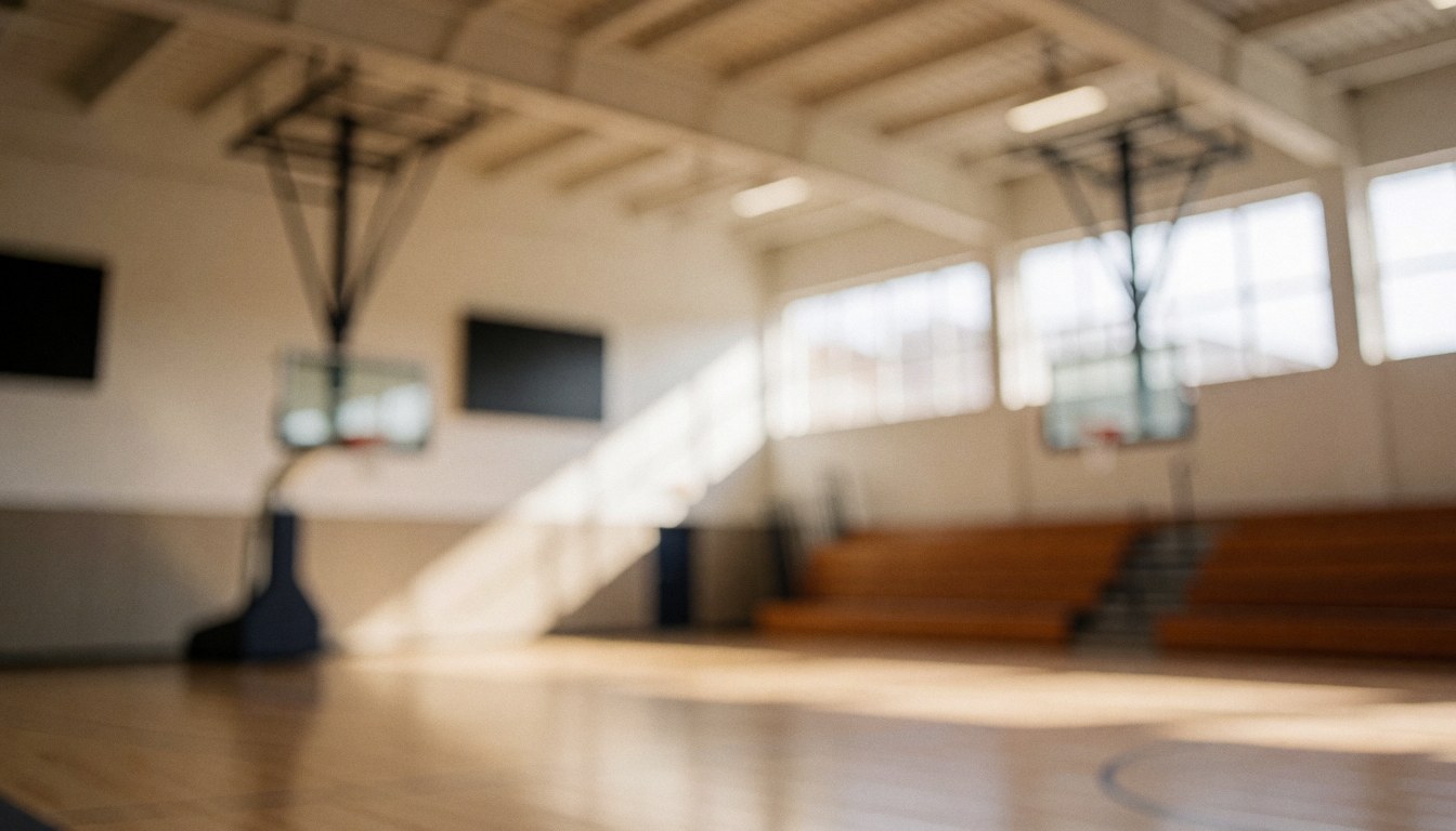 Out of focus basketball court interior featuring hoops, benches, and natural light, suitable for text overlay