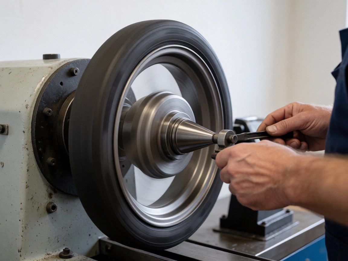 Close-up of a wheel cone being adjusted on a tire balancing machine in a tire shop service area.