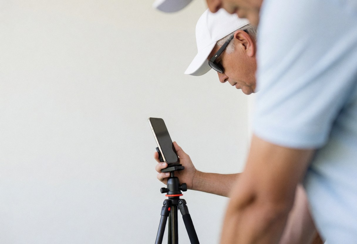 Golf instructor holding a smartphone mounted on a tripod against a white wall, demonstrating a professional and realistic scene.
