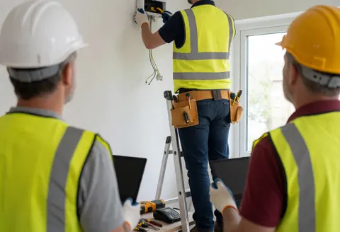 A technician on a ladder installs an alarm system on a white wall while two other technicians observe the work.