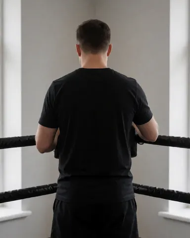 Back view of a boxing instructor adjusting the ropes of a boxing ring against a gray wall in a professional gym setting.