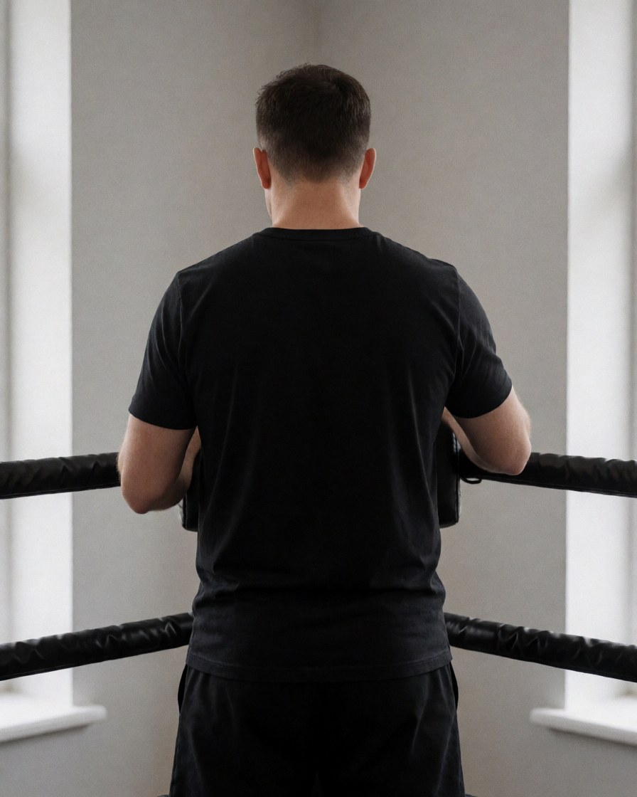 Back view of a boxing instructor adjusting the ropes of a boxing ring against a gray wall in a professional gym setting.